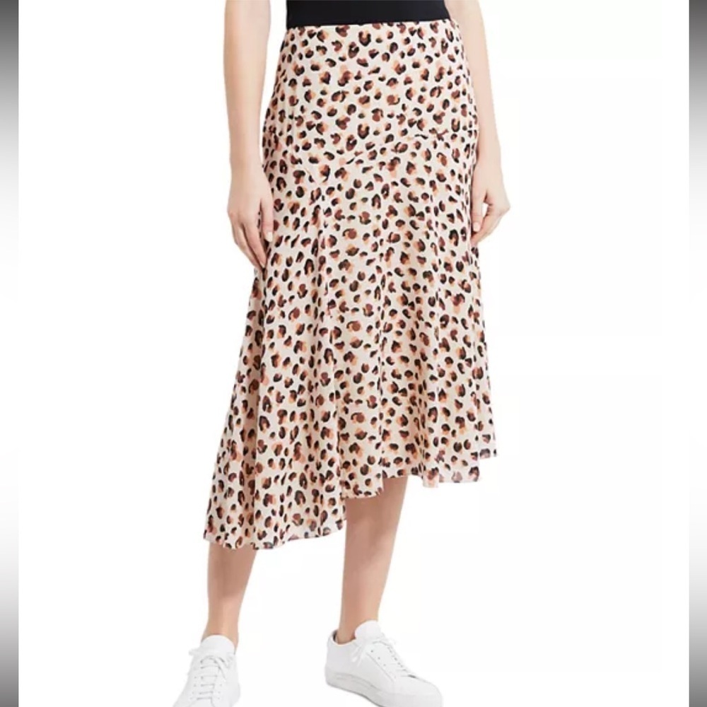 Theory Asymmetric Leopard Tan and Black Silk Midi Skirt Size 10